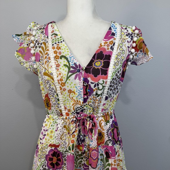 J.Crew Pom Pom Dress Women's 6 Multicolor‎ Ratti Retro Floral Tiered Ruffle Maxi - Picture 2 of 16